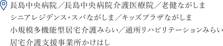 長島中央病院／老健ながしま／シニアレジデンス・スパながしま／キッズプラザながしま／小規模多機能型居宅介護みらい／通所リハビリテーションみらい／居宅介護支援事業所かけはし