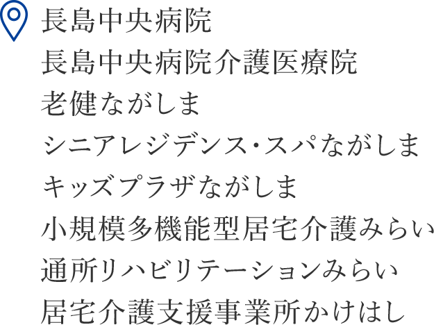 長島中央病院／老健ながしま／シニアレジデンス・スパながしま／キッズプラザながしま／小規模多機能型居宅介護みらい／通所リハビリテーションみらい／居宅介護支援事業所かけはし